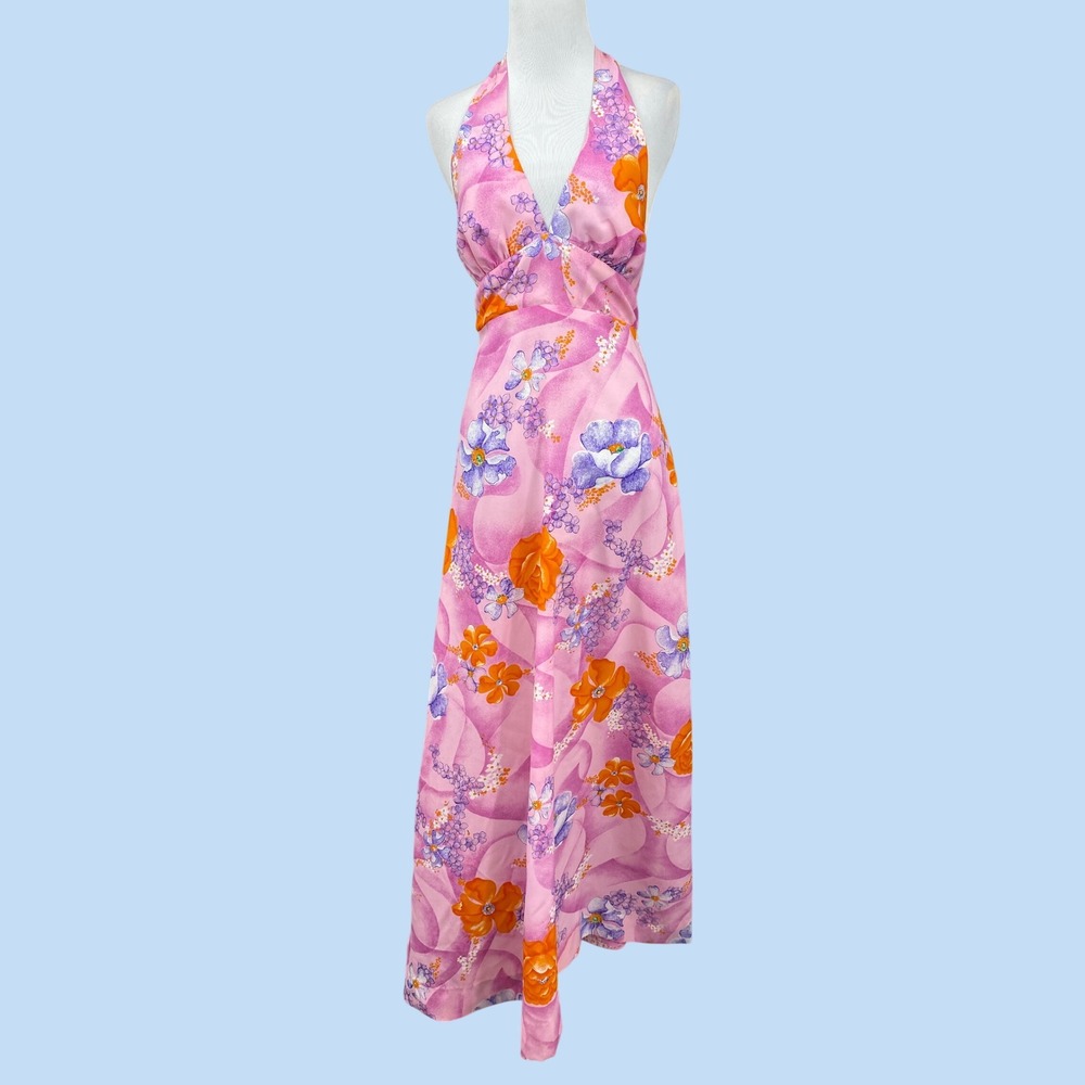 Vintage 70s Penneys Hawaii Floral Halter Maxi Dress Womens S-M Pink Orange Tiki